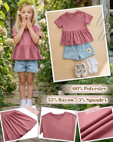 Girl's Short Sleeve Tops Causal Kids Peplum Babydoll Tunic Tees Ruffle Hem Summer Blouses Size 4-15 Years in Saudi Arabia