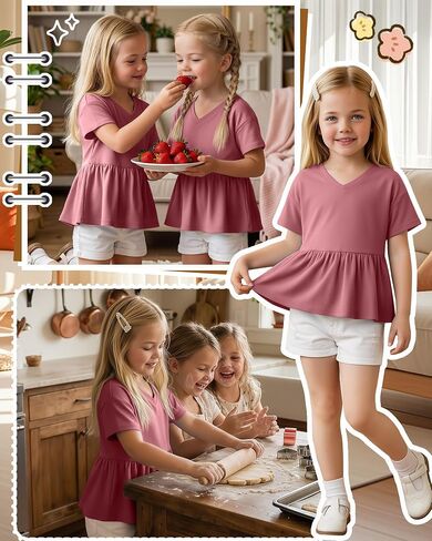 Girl's Short Sleeve Tops Causal Kids Peplum Babydoll Tunic Tees Ruffle Hem Summer Blouses Size 4-15 Years in Saudi Arabia