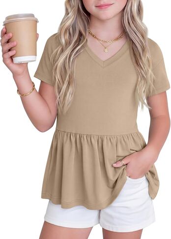 Girl's Short Sleeve Tops Causal Kids Peplum Babydoll Tunic Tees Ruffle Hem Summer Blouses Size 4-15 Years in Saudi Arabia