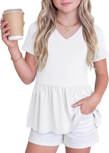 Girl's Short Sleeve Tops Causal Kids Peplum Babydoll Tunic Tees Ruffle Hem Summer Blouses Size 4-15 Years in Saudi Arabia