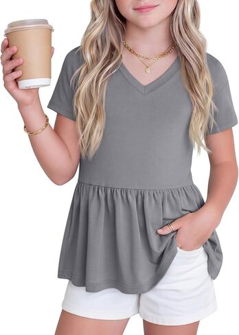 Girl's Short Sleeve Tops Causal Kids Peplum Babydoll Tunic Tees Ruffle Hem Summer Blouses Size 4-15 Years in Saudi Arabia