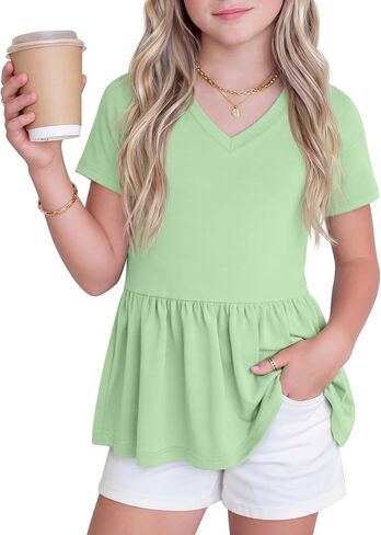Girl's Short Sleeve Tops Causal Kids Peplum Babydoll Tunic Tees Ruffle Hem Summer Blouses Size 4-15 Years in Saudi Arabia