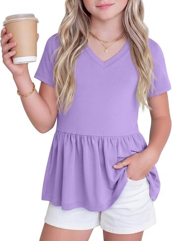 Girl's Short Sleeve Tops Causal Kids Peplum Babydoll Tunic Tees Ruffle Hem Summer Blouses Size 4-15 Years in Saudi Arabia