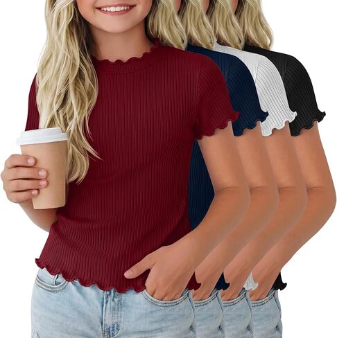 4 Pack Girls' Short Sleeve Shirts Ribbed Crew Neck Lettuce Trim Tops Cute Casual Basic T-Shirts 5-14Y in Saudi Arabia