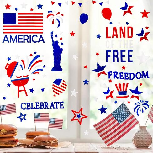 6 Sheets 4th of July Window Clings Decorations, Patriotic American Flag Gel Stickers for Glass Windows Independence Day, Memorial Day, Veteran's Day,USA Holiday Red White Blue Decor in Saudi Arabia