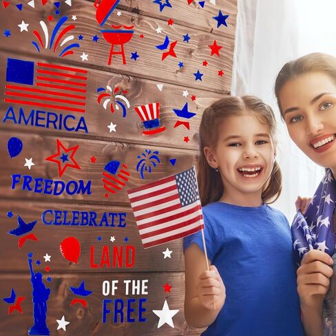 6 Sheets 4th of July Window Clings Decorations, Patriotic American Flag Gel Stickers for Glass Windows Independence Day, Memorial Day, Veteran's Day,USA Holiday Red White Blue Decor in Saudi Arabia