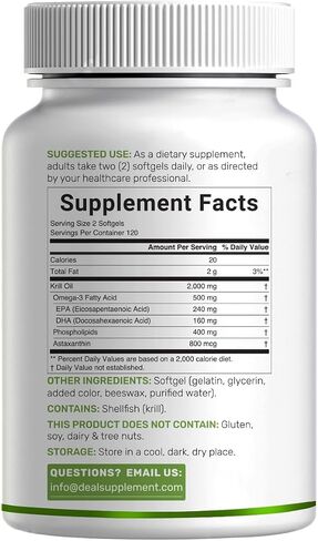 DEAL SUPPLEMENT Antarctic Krill Oil 2,000 mg Per Serving, 240 Softgels | Omega-3 with EPA, DHA, Phospholipids & Astaxanthin | Non-GMO, Gluten Free in Kuwait
