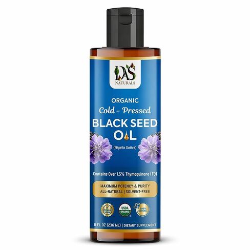 Organic Black Seed Oil Cold-Pressed 8 fl oz | Unrefined Nigella Sativa, 3 times Thymoquinone (Over 1.5%) | 100% Pure and Natural Black Cumin Seed Oil, Omega 3 6 9, Non-GMO, Vegan ~ Das Naturals in Saudi Arabia