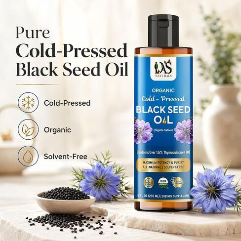 Organic Black Seed Oil Cold-Pressed 8 fl oz | Unrefined Nigella Sativa, 3 times Thymoquinone (Over 1.5%) | 100% Pure and Natural Black Cumin Seed Oil, Omega 3 6 9, Non-GMO, Vegan ~ Das Naturals in Saudi Arabia