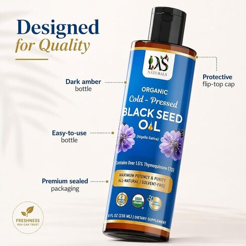 Organic Black Seed Oil Cold-Pressed 8 fl oz | Unrefined Nigella Sativa, 3 times Thymoquinone (Over 1.5%) | 100% Pure and Natural Black Cumin Seed Oil, Omega 3 6 9, Non-GMO, Vegan ~ Das Naturals in Saudi Arabia