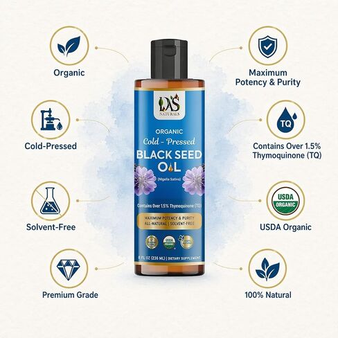 Organic Black Seed Oil Cold-Pressed 8 fl oz | Unrefined Nigella Sativa, 3 times Thymoquinone (Over 1.5%) | 100% Pure and Natural Black Cumin Seed Oil, Omega 3 6 9, Non-GMO, Vegan ~ Das Naturals in Saudi Arabia