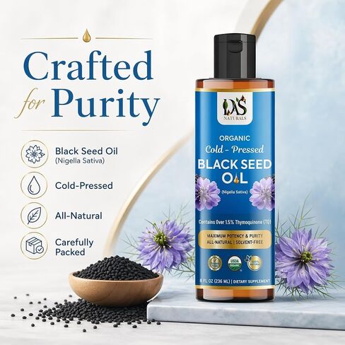 Organic Black Seed Oil Cold-Pressed 8 fl oz | Unrefined Nigella Sativa, 3 times Thymoquinone (Over 1.5%) | 100% Pure and Natural Black Cumin Seed Oil, Omega 3 6 9, Non-GMO, Vegan ~ Das Naturals in Saudi Arabia