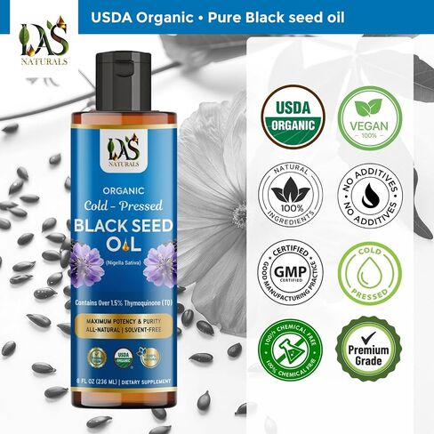 Organic Black Seed Oil Cold-Pressed 8 fl oz | Unrefined Nigella Sativa, 3 times Thymoquinone (Over 1.5%) | 100% Pure and Natural Black Cumin Seed Oil, Omega 3 6 9, Non-GMO, Vegan ~ Das Naturals in Saudi Arabia