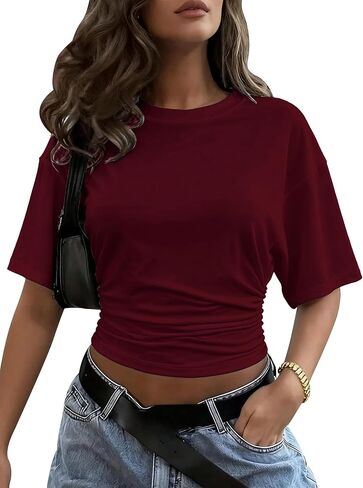 Womens Crop Cinched Waist Top Half Sleeve Ruched Going Out Tops 2026 Summer Y2K Tee Shirts in Saudi Arabia