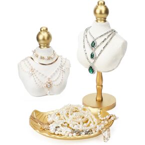 Starry 2Pcs Velvet Necklace Display Stand and 1Pcs leaf-shaped tray Vintage Jewelry Necklace Bust Holder Elegant White Jewelry Mannequin Display Decor for Women Home Selling Trade Shows in Saudi Arabia