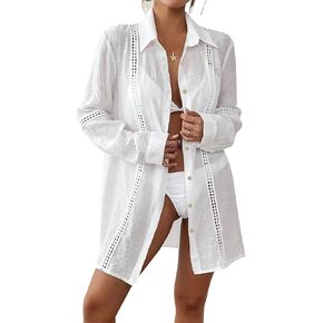 Moss Rose Women's Swimsuit Cover Up Eyelet Trim Button Down Shirt Dress Bathing Suit Coverup Blouse Beach Vacation Outfits in Saudi Arabia