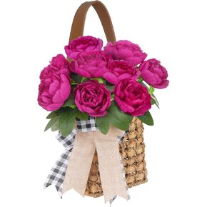 Door Basket 17in Hanging Basket for Front Door with 10 Pcs Peonies Artificial Flowers Wreath, Woven Wall Baskets for Spring Summer Garden Farmhouse Home Boho Wall Decor in Saudi Arabia