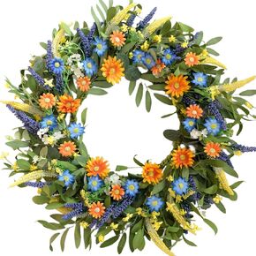 24 Inches Spring Wreaths for Front Door Blue Spring Door Wreath Summer Floral Wreath with Wildflower Daisy for Wall Porch Indoors Outdoor Window Home Farmhouse Decorations in Saudi Arabia