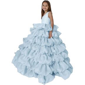 V Neck Organza Flower Girl Dress for Wedding Tiered Sequin Beaded Communion Gown Puffy A Line Kids Prom Dresses in Saudi Arabia
