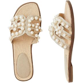 Women's Pearl Raffia Slide Sandals Square Toe Flat Slip-On Summer Sandals Woven Strap Slides in Saudi Arabia