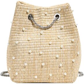 Pearl Straw Bucket Purse for Women Summer Vacation Crossbody Purses Beach Bag Beaded Rhinestone Handbag in Saudi Arabia