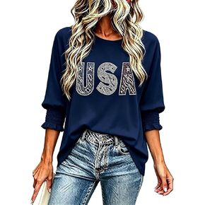 Roshop 4th of July Blouse Women's Puff Smocked Batwing Sleeve Patriotic American Flag Red White Blue Holiday Tops in Saudi Arabia