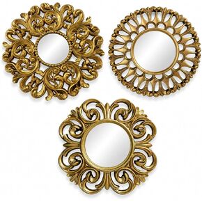 Mifoci Vintage French Wall Mirror Set of 3 Antique Decorative Gallery Wall Mirror Gold Hanging Antique Art Decor Ornate Baroque Style for Living Room Bedroom Home Decor(Round) in Saudi Arabia