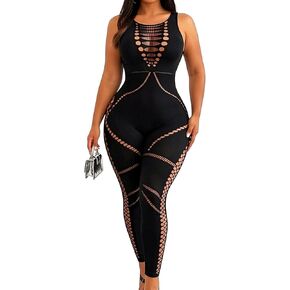 Sexy Jumpsuits for Women Going Out, Fishnet Club Outfits One Piece Black Bodycon Sleeveless Mesh Jumpsuit Rave Birthday in Saudi Arabia