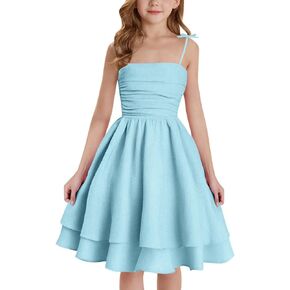 Marchrol Girls Ruched Smocked Spaghetti Strap Dress Casual Solid Color A-Line Dresses in Saudi Arabia