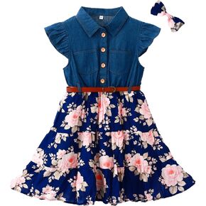 Girls Western Dress with Hair Clip Set, Cowgirl Outfit Denim Floral or Tulle Dress for Kids in Saudi Arabia