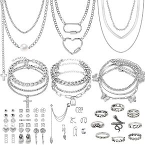 Silvery Jewelry Set for Women,Necklace,Bracelet,Anklet,Earring,ring | Chaton cross, heart pendant, butterfly, lock, vintage snake For Women For Birthday Gifts in Saudi Arabia
