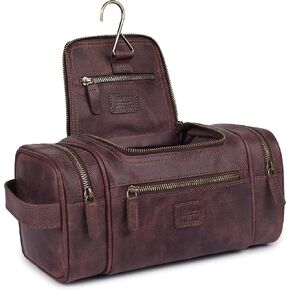 مجموعة أدوات السفر من الجلد الطبيعي للرجال والنساء من LEATHER VILLAGE - حقيبة أدوات الزينة المعلقة ذات سعة كبيرة مقاومة للماء للسفر والتزيين وتنظيم الحمام وأساسيات الحلاقة واستخدام صالة الألعاب الرياضية - بني in Kuwait