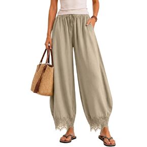 Womens Lace Trim Wide Leg Pants Elastic Waist Lightweight Flowy Summer Trousers Comfort Travel Pants with Pockets in Saudi Arabia