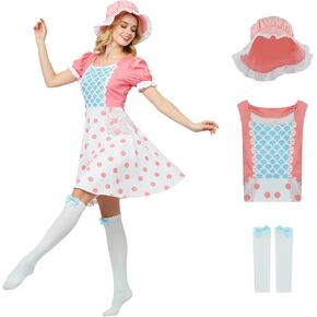 Women Bo Peep Costume Shepherdess Polka Dot Dress Bonnet Bowtie Knee High Stockings Halloween Outfit for Adult in Saudi Arabia