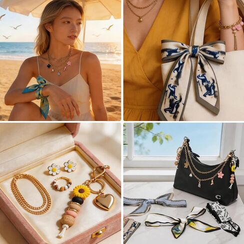 8PCS Women Handbag Scarf with Bag Charms Decorative &2PCS Little Daisy Keychain Charms for Bags Hair Accessories in Saudi Arabia