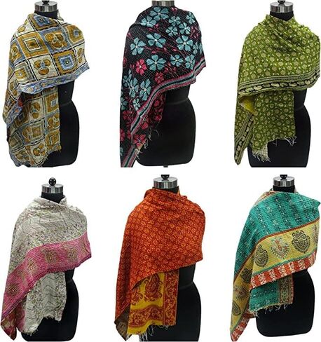 Indian handmade cotton kantha sari Reversible womens scarves, Assorted colour with colourful prints. Upcycled Vintage Indian Sari | Lightweight, Soft, Boho Wrap or Shawl (LOT OF 5PCS) in Saudi Arabia