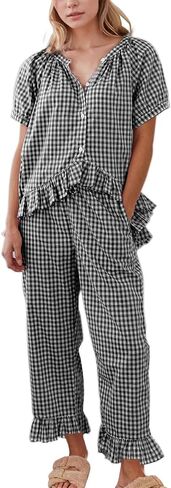 Womens 2 Piece Gingham Pajamas Set Cute Plaid Pjs Cotton Short Sleeve Babydoll Shirt Ruffle Pants Lounge Sets Black in Saudi Arabia