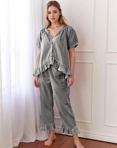 Womens 2 Piece Gingham Pajamas Set Cute Plaid Pjs Cotton Short Sleeve Babydoll Shirt Ruffle Pants Lounge Sets Black in Saudi Arabia
