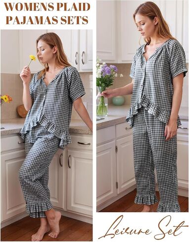 Womens 2 Piece Gingham Pajamas Set Cute Plaid Pjs Cotton Short Sleeve Babydoll Shirt Ruffle Pants Lounge Sets Black in Saudi Arabia