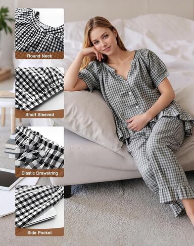 Womens 2 Piece Gingham Pajamas Set Cute Plaid Pjs Cotton Short Sleeve Babydoll Shirt Ruffle Pants Lounge Sets Black in Saudi Arabia