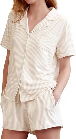 KFUBUO Women's Striped Pajama Sets 2 Piece Summer Short Sleeve Button Down Shirts Matching Shorts Set with Pockets 2026 in Saudi Arabia