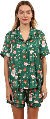 Christmas Pajamas Shorts Silk Pjs Women Satin Pajama Cute Print Tee and Shorts Gift Sleepwear 2 Pieces Loungewear in Kuwait
