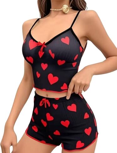 ROSVAJFY Women's Sexy Heart Print Cami Pajama Set Cute PJ Soft Sleeveless Crop Top + Shorts 2 Piece Loungewear Sleepwear in Saudi Arabia
