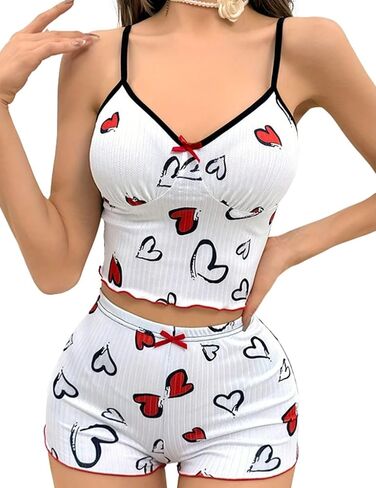 ROSVAJFY Women's Sexy Heart Print Cami Pajama Set Cute PJ Soft Sleeveless Crop Top + Shorts 2 Piece Loungewear Sleepwear in Saudi Arabia