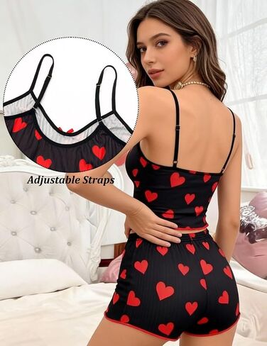 ROSVAJFY Women's Sexy Heart Print Cami Pajama Set Cute PJ Soft Sleeveless Crop Top + Shorts 2 Piece Loungewear Sleepwear in Saudi Arabia