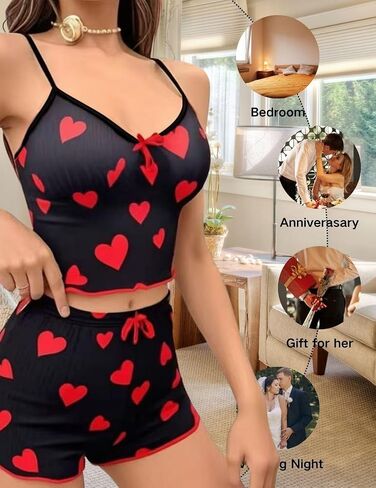 ROSVAJFY Women's Sexy Heart Print Cami Pajama Set Cute PJ Soft Sleeveless Crop Top + Shorts 2 Piece Loungewear Sleepwear in Saudi Arabia
