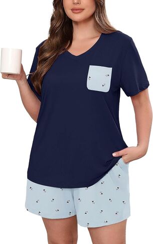 AusLook Plus Size Pajama Set for Women 2 Piece V Neck Short Sleeve Pajama Shorts Set Loose Summer Loungewear Sleepwear 1X-5X in Saudi Arabia
