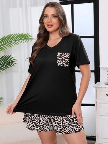 AusLook حجم كبير بيجامة مجموعة للنساء 2 قطعة الخامس الرقبة قصيرة الأكمام بيجامة مجموعة تي شيرتات قصيرة للأطفال الصيف فضفاضة ملابس النوم 1X-5X in Kuwait