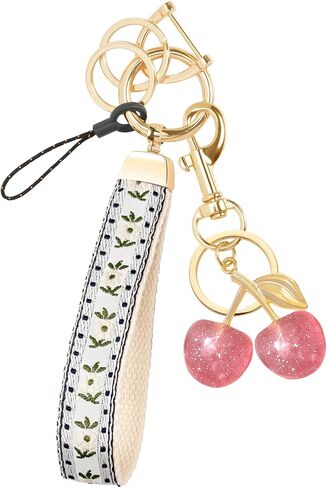 Boho Wristlet Keychain for Women Cute Floral Fabric Key Chain Lanyard Keychain with Cute Keychain Cherry in Saudi Arabia