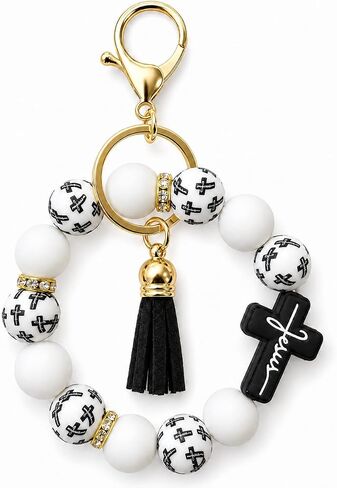 Christian Cross Wristlet Keychain for Women, Silicone Beaded Key Ring Bracelet, Faith Inspired Christian Gift, Back to School Gift for Teachers, Wristlet Keychain for Moms Friends in Saudi Arabia